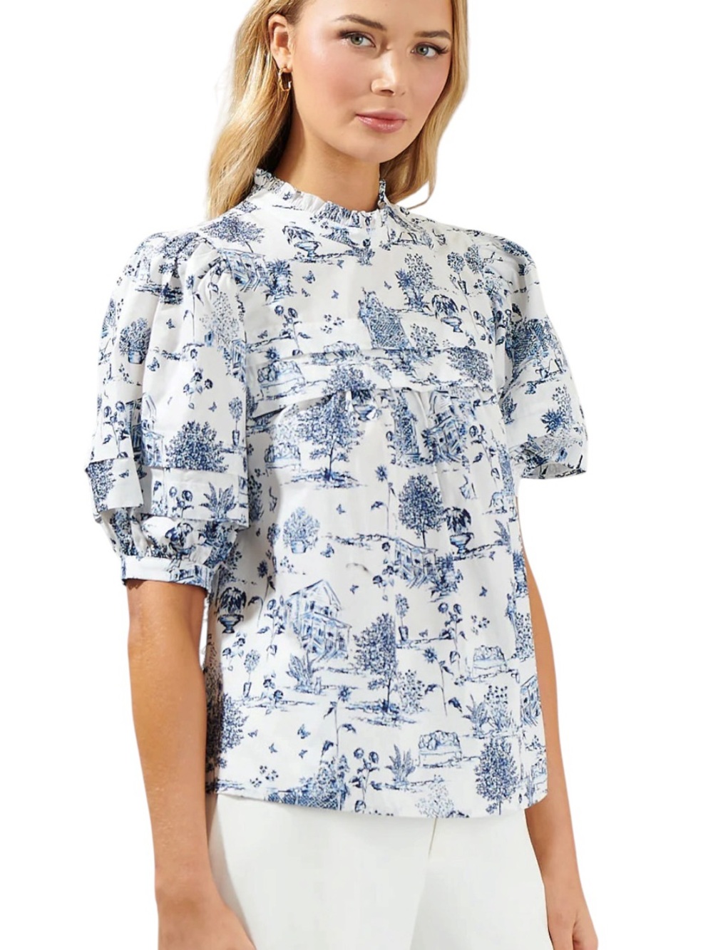 NWT Sugarlips Renzo Blue White Toile Ever After Puff Sleeve Blouse - M